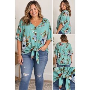 Floral V-Neck Tie Front Blouse Turquoise Blue 1XL Short Sleeve Oversized Top